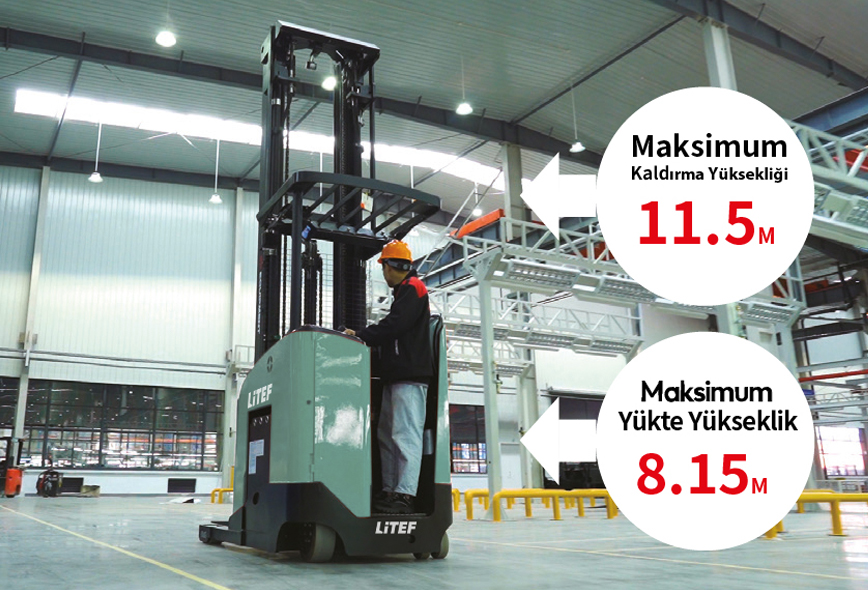 CQD15SD yüksek raf reach truck 11.5 metreye kadar kaldırma yüksekliği