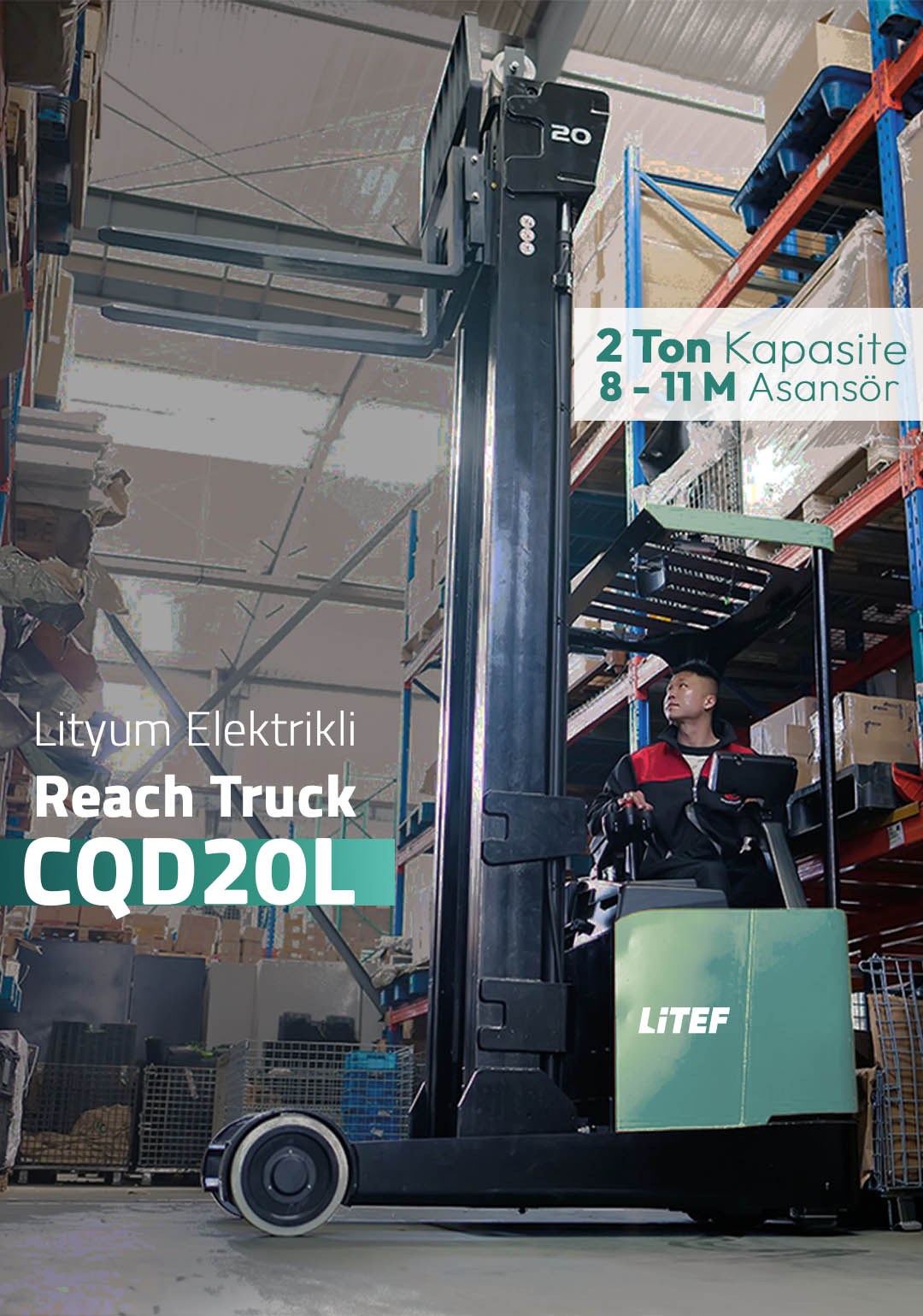 CQD20L yüksek raf ve dar koridor reach truck çalışma görünümü