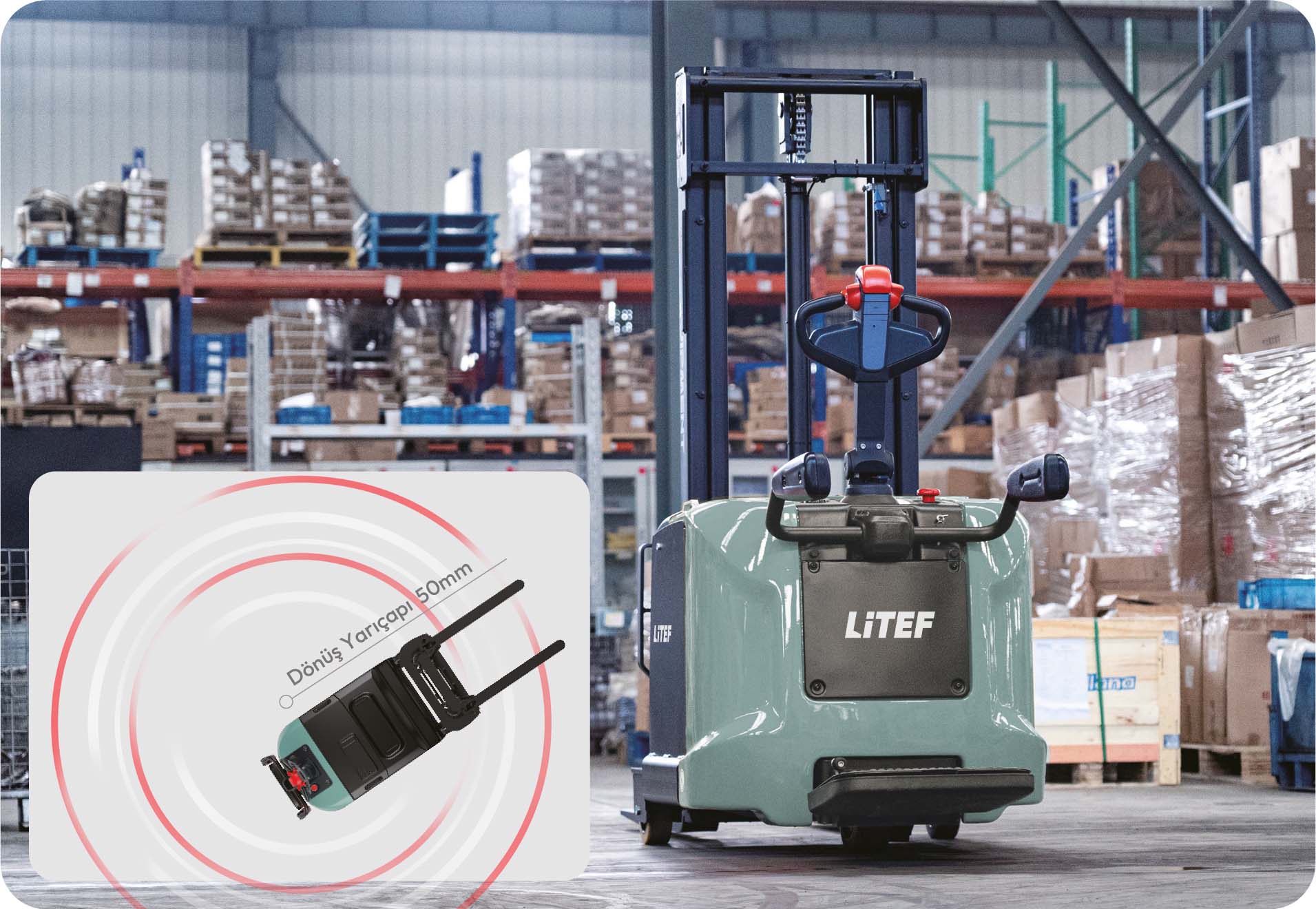 RSC082 dar koridor düşük dönüş yarıçaplı elektrikli istif makinesi